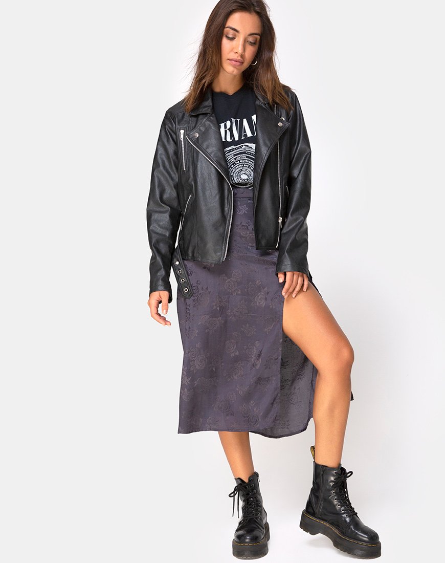 Image de la jupe midi Saika en satin rose gris