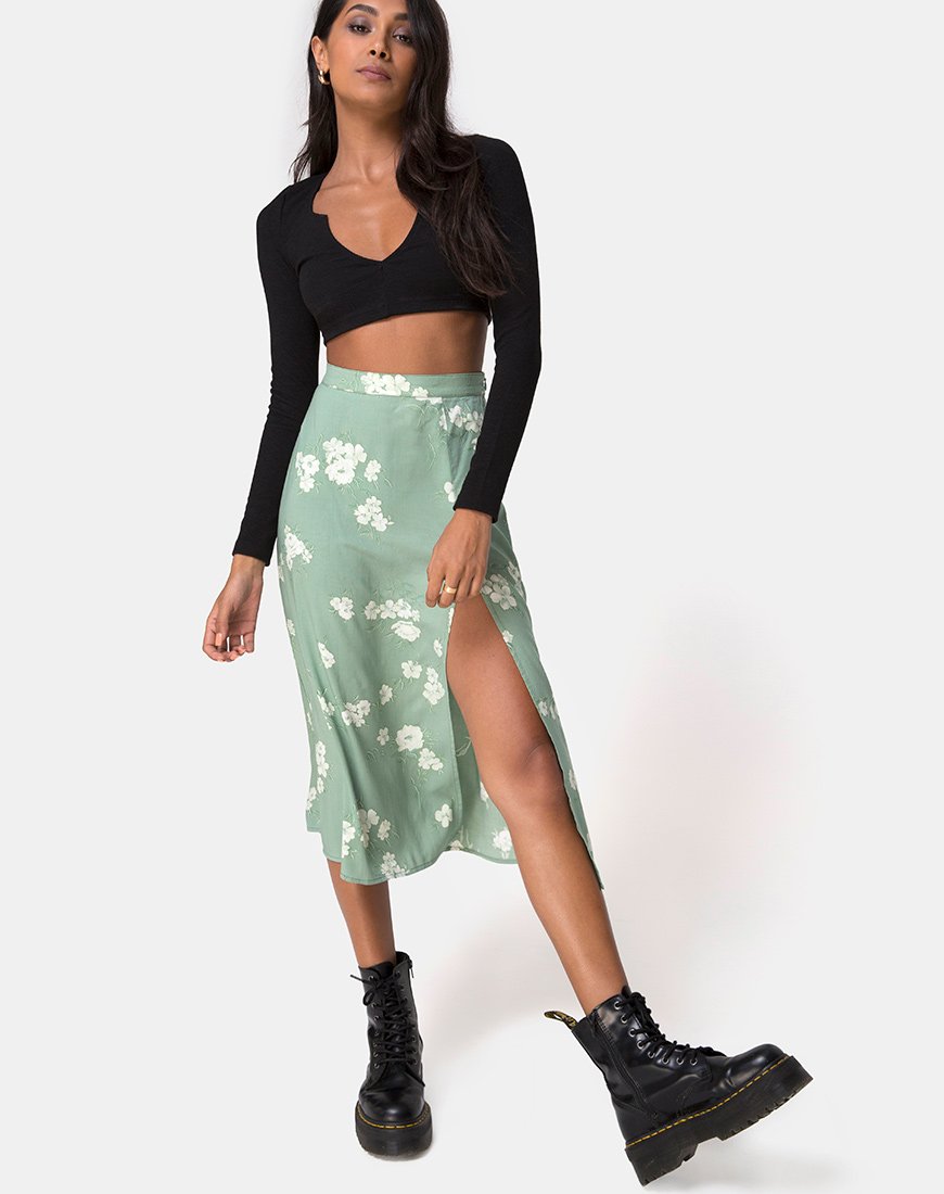 Image of Saika Midi Skirt in Mono Flower Green
