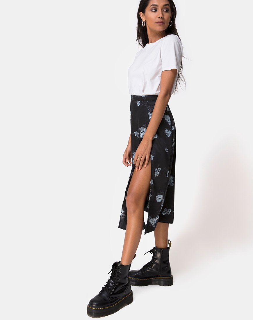 Image of Saika Midi Skirt in Mono Flower Black