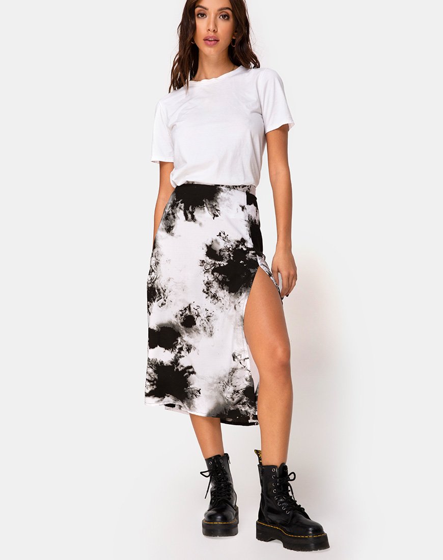 Jupe midi Saika en Mono Tie Dye noir et blanc