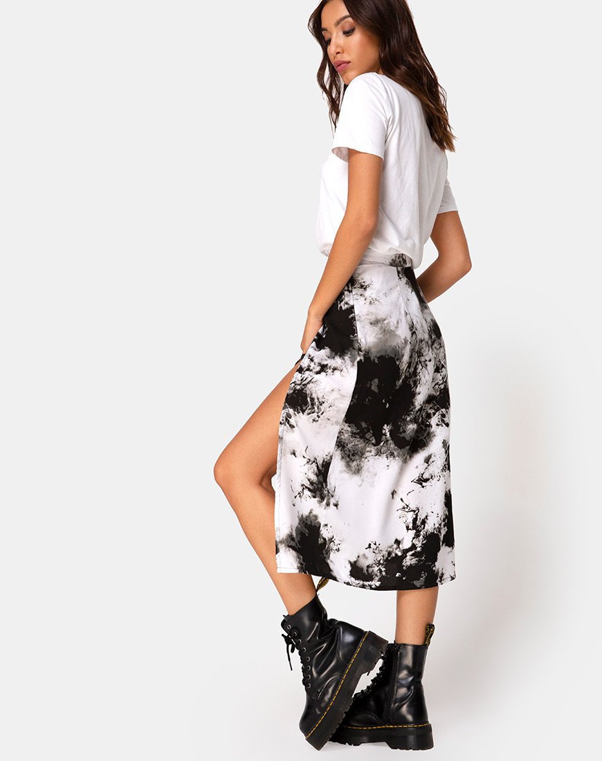 Jupe midi Saika en Mono Tie Dye noir et blanc