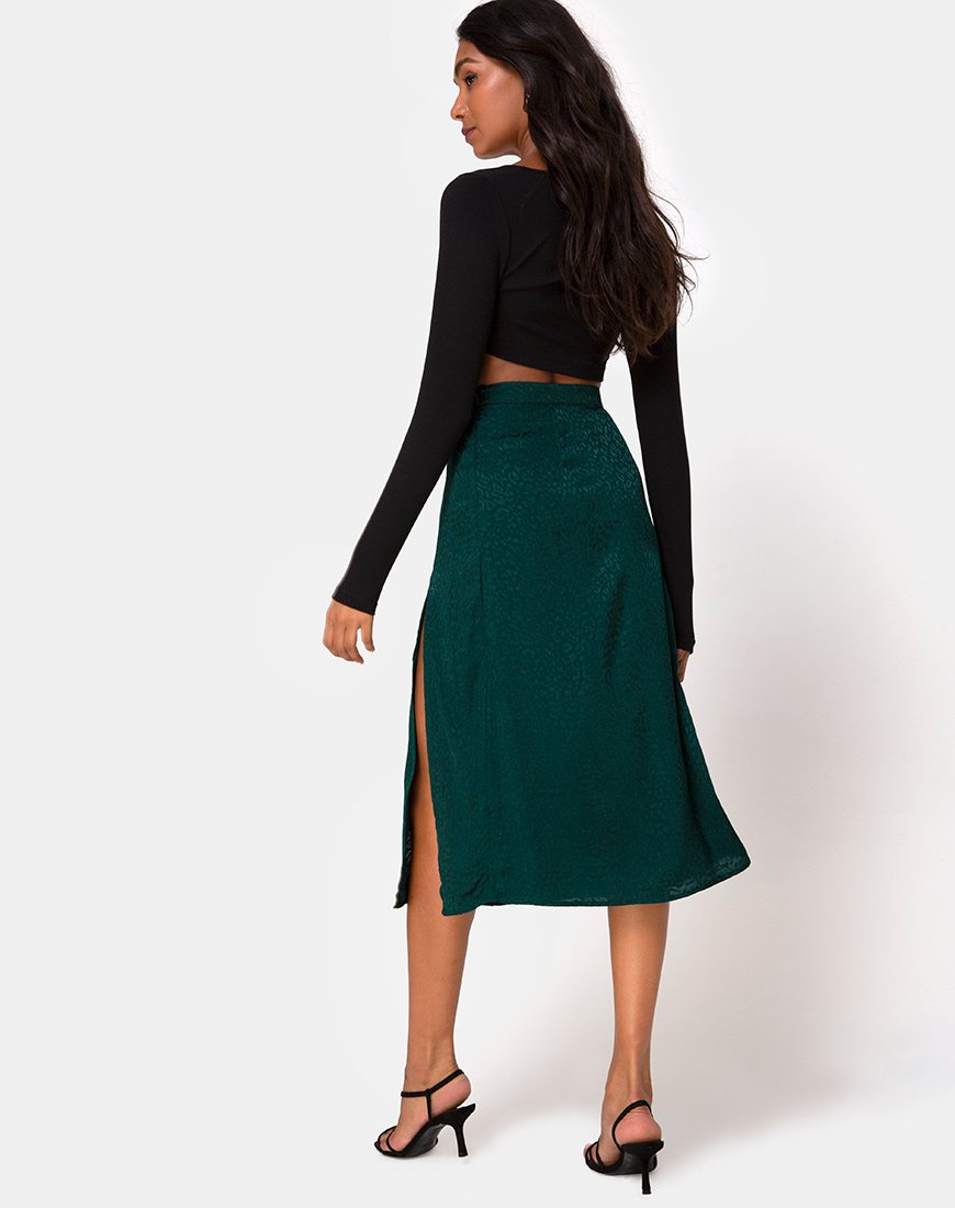 Image of Saika Midi Skirt in Satin Cheetah Forest Green