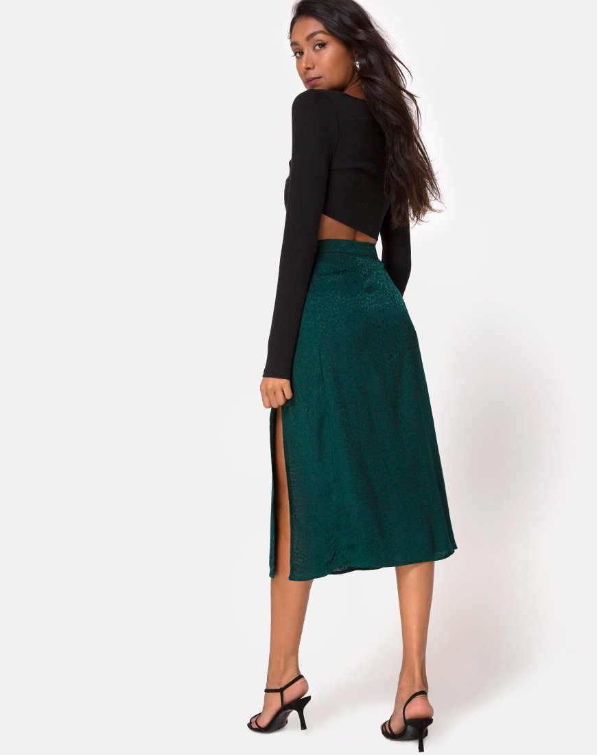 Image of Saika Midi Skirt in Satin Cheetah Forest Green