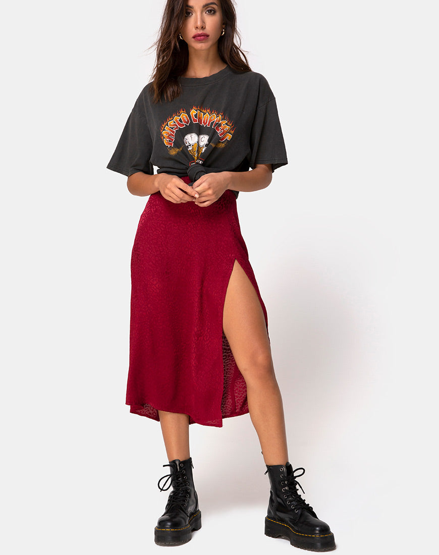 Jupe midi Saika, satin guépard framboise