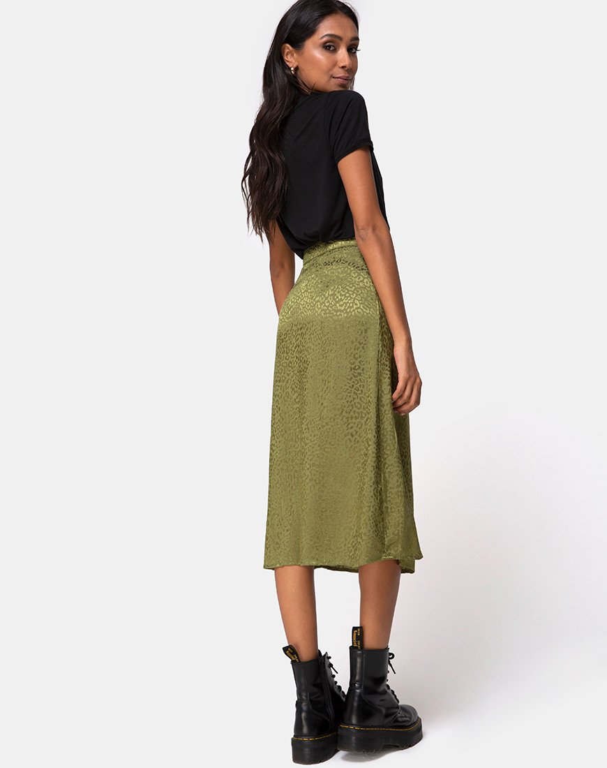 Image de la jupe midi Saika en satin Cheetah Khaki