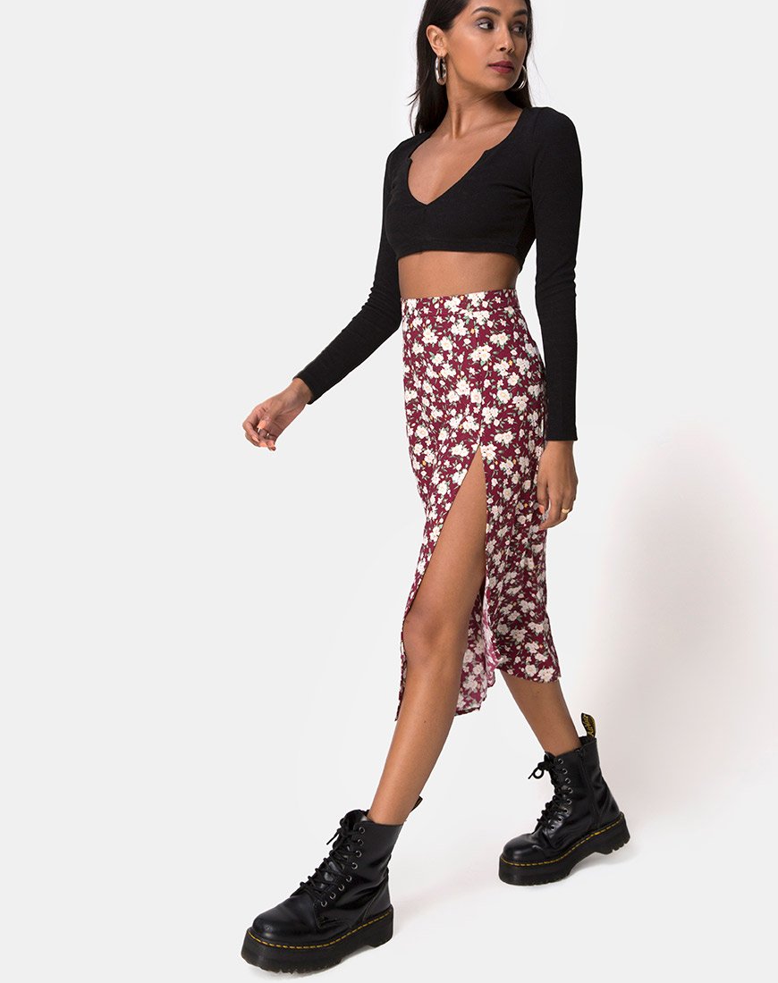 Image de la jupe midi Saika, Wild Fleur Maroon