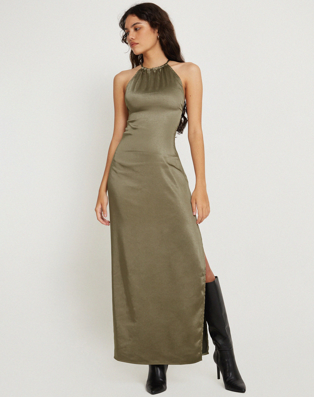 Salazar - Robe longue dos nu en satin - Olive foncé