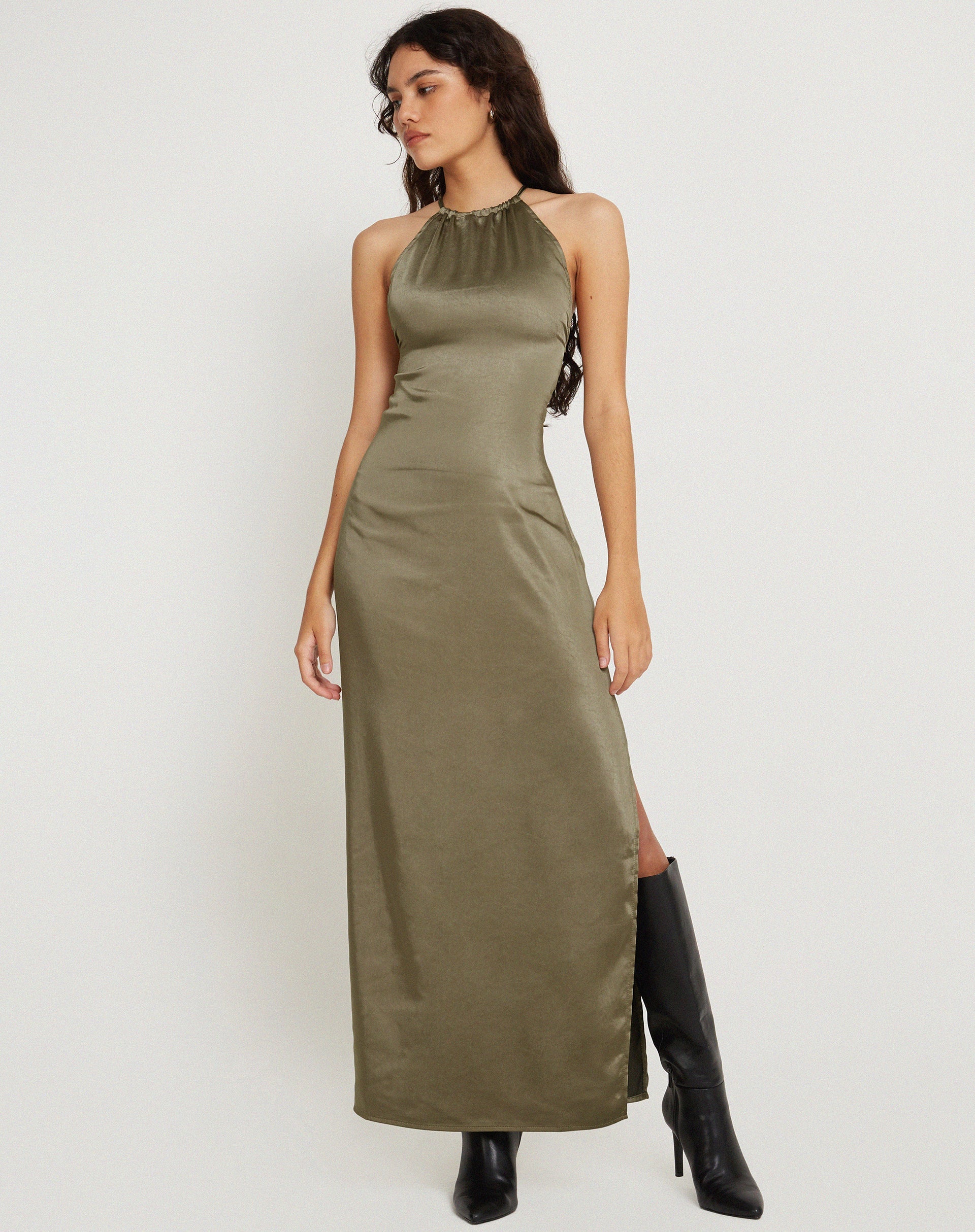 image de Salazar Maxi Dress dos nu en satin Dark Olive