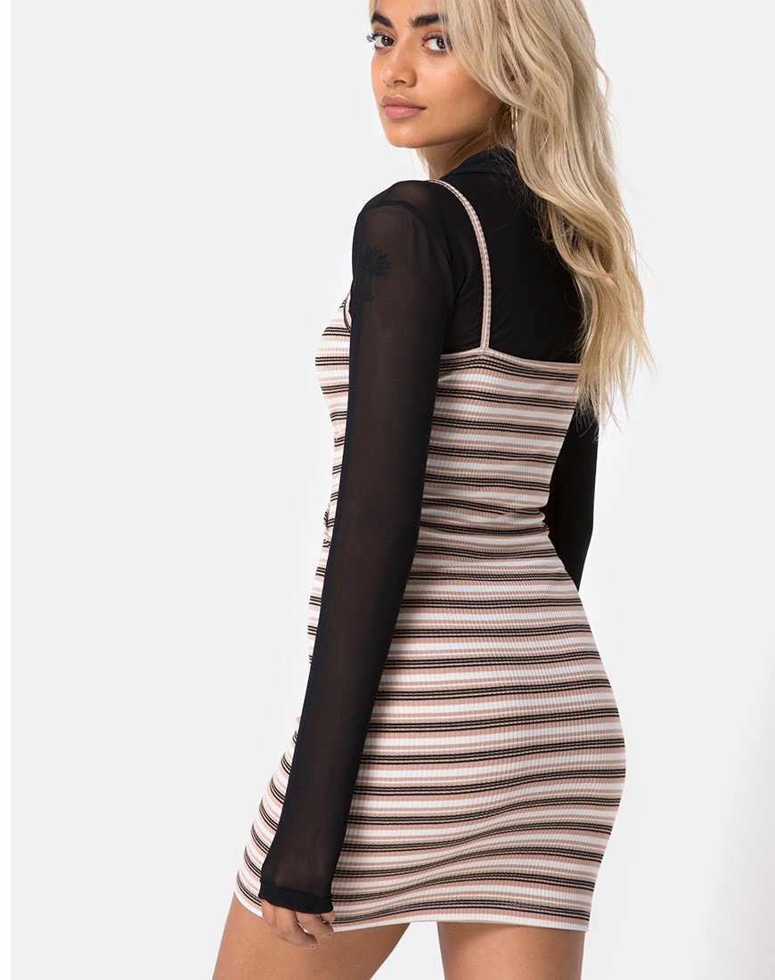 Image of Saleh Bodycon Dress in Rib Stripe Cream Black and Tan