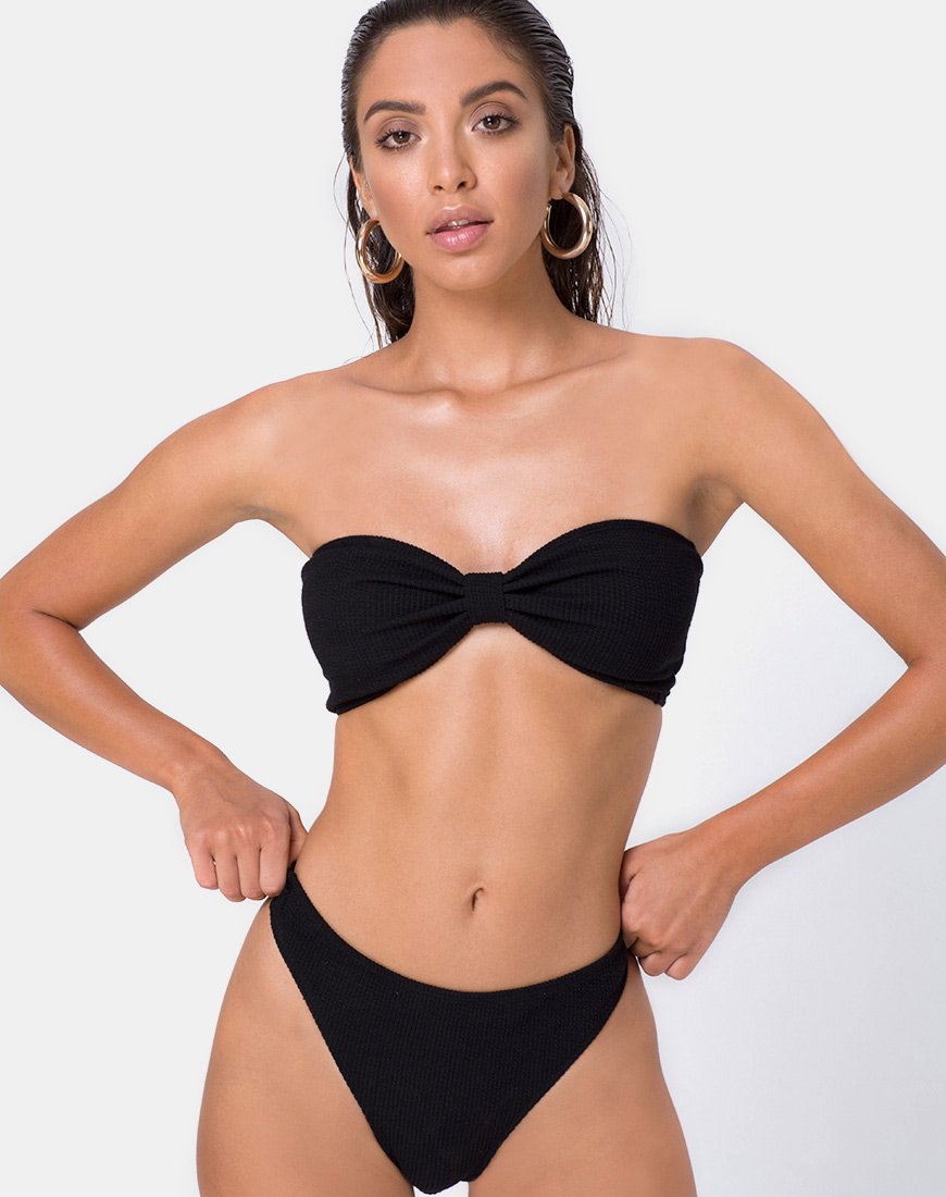 Top de bikini Samara en côtes froissées noir