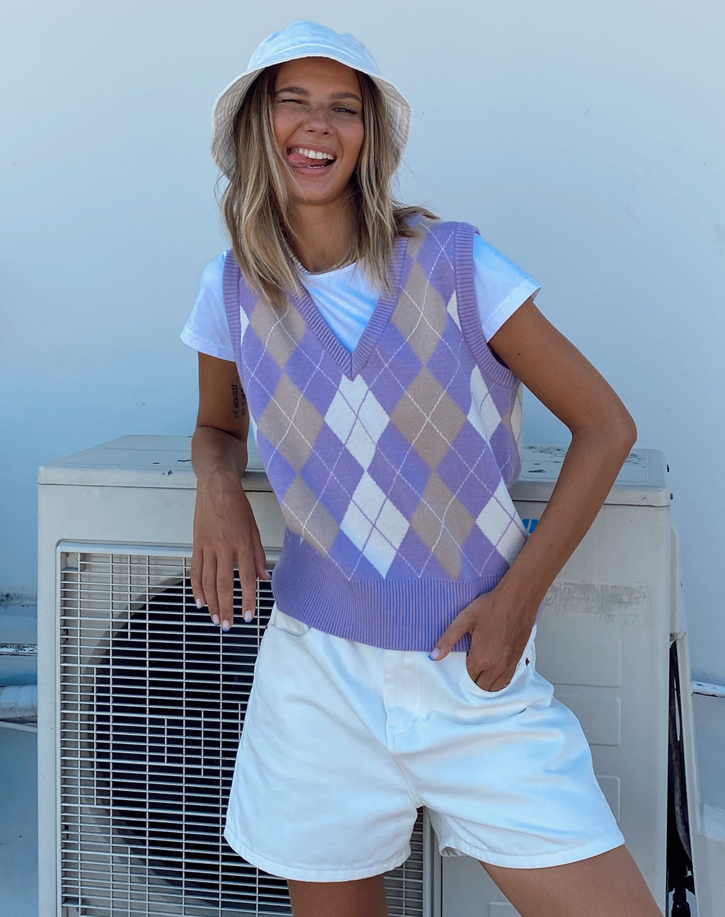 Gilet Sami en Argyle Lilas Crème Tan