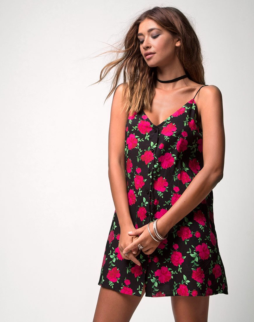 Sanna Slip Dress en Valeria Rose noir et rouge