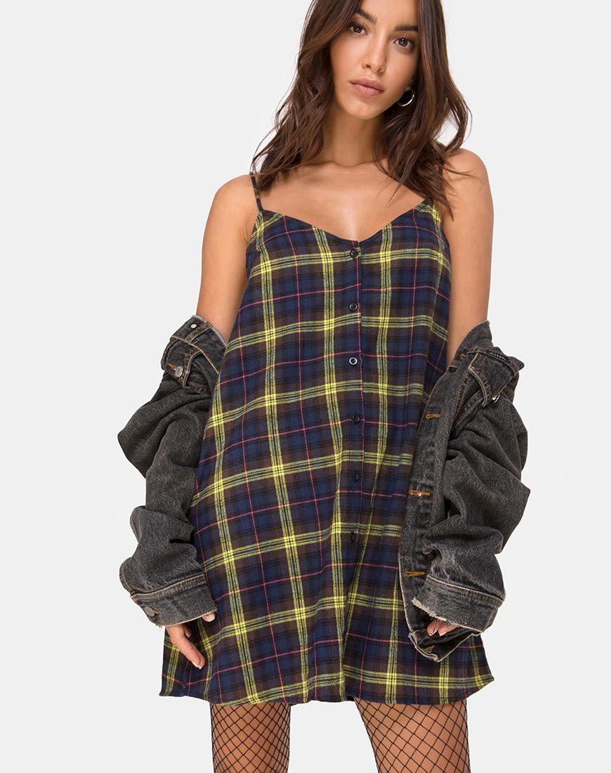 Image of Sanna Slip Dress in Plaid Brown Yellow Check