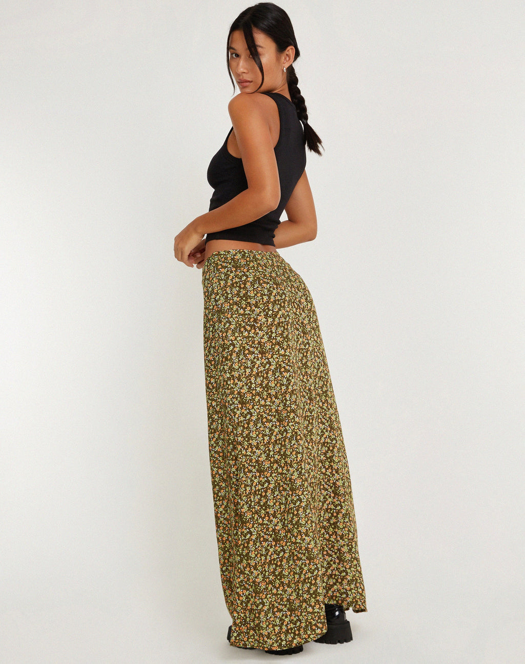 Jupe longue Sayan, kaki floral grungey