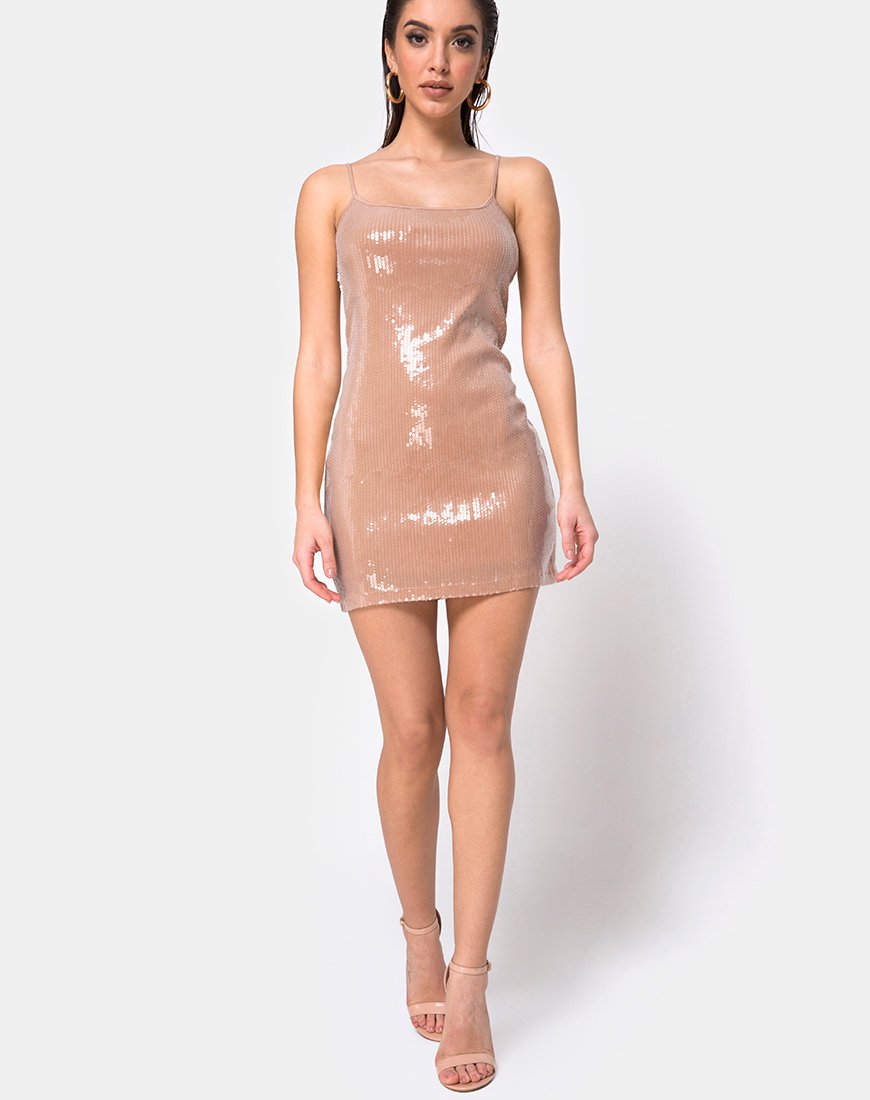 Image of Selah Bodycon Dress in Camel with Clear Sequin