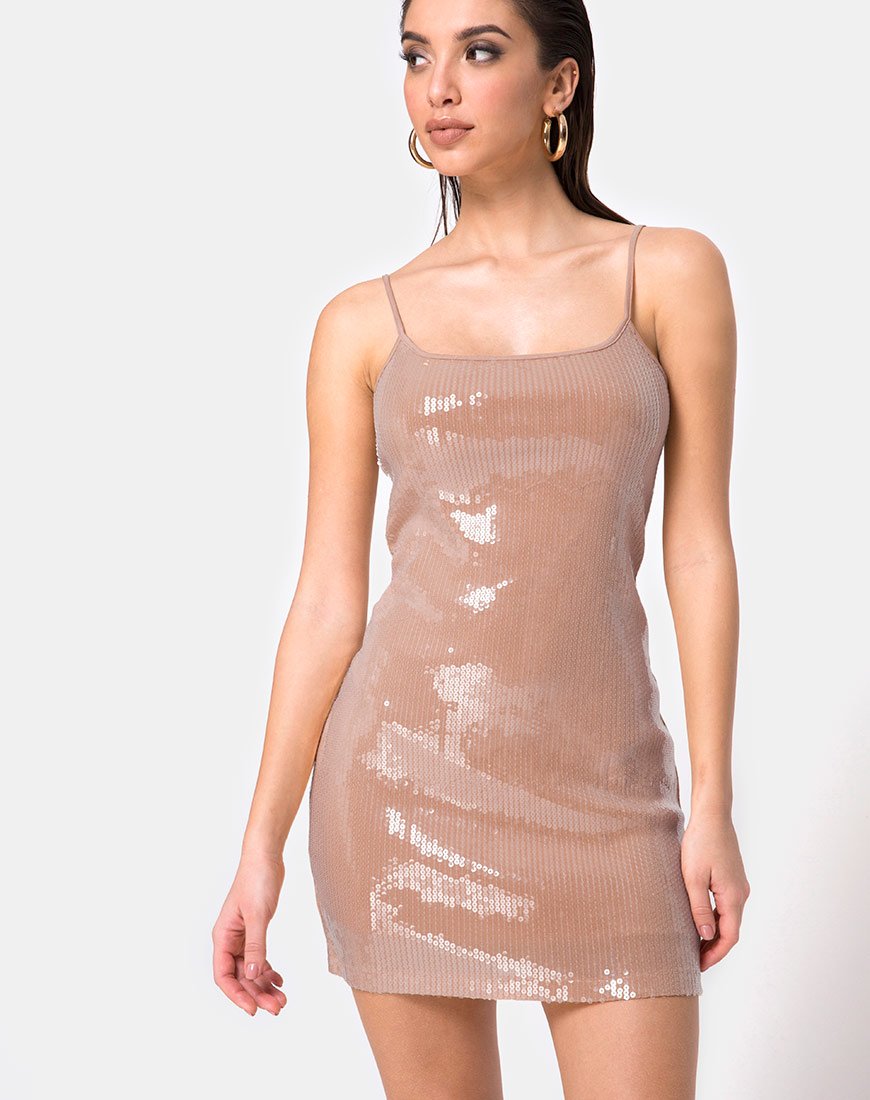 Selah Bodycon Dress in Camel with Clear Sequin (Robe bodycon en camel avec paillettes transparentes)