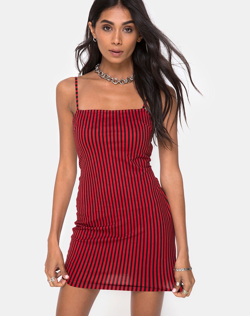 Selah Bodycon Dress in Mini Stripe Red and Black (Robe bodycon à mini rayures rouges et noires)