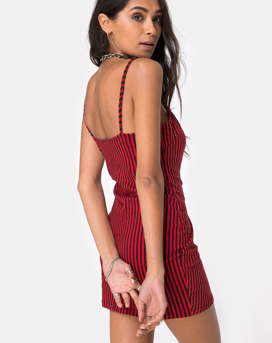 Selah Bodycon Dress in Mini Stripe Red and Black (Robe bodycon à mini rayures rouges et noires)