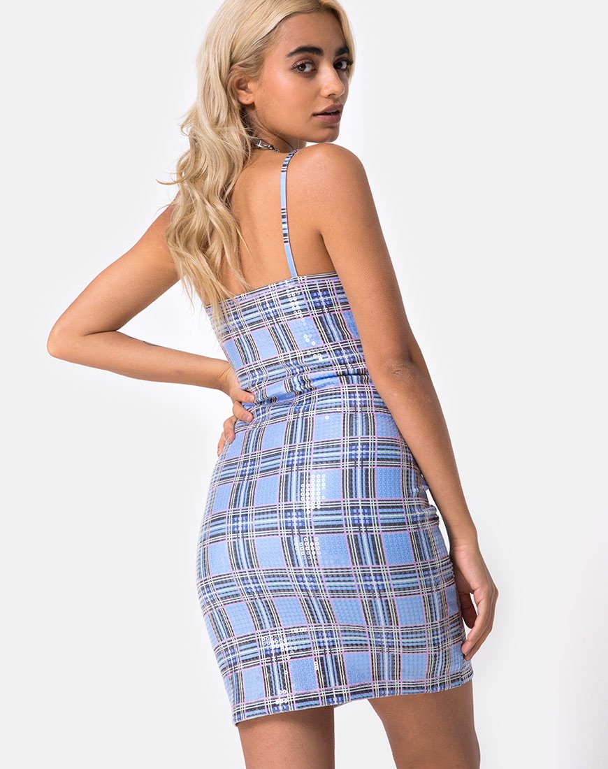 Seleh Bodycon Dress in 90's Check with Clear Sequin (Robe bodycon à carreaux des années 90 avec paillettes transparentes)