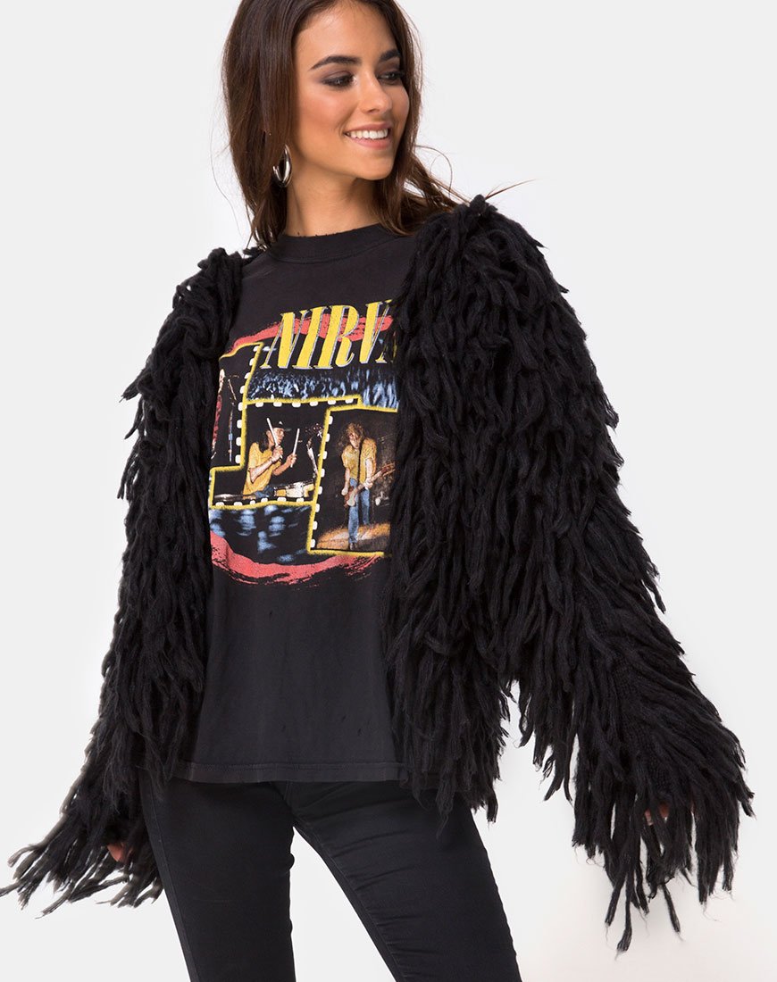 Image of Shaggy Knit Cardi in Moheir Black