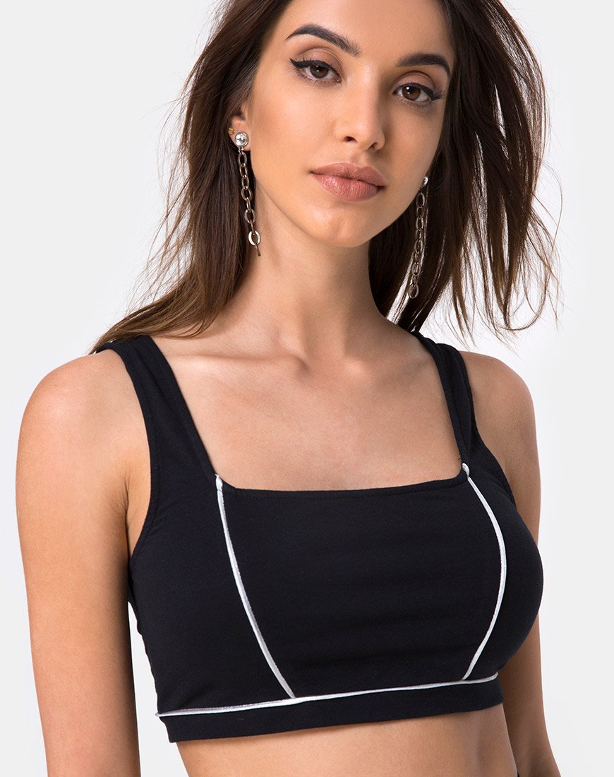 Shano Crop Top en noir avec passepoils blancs