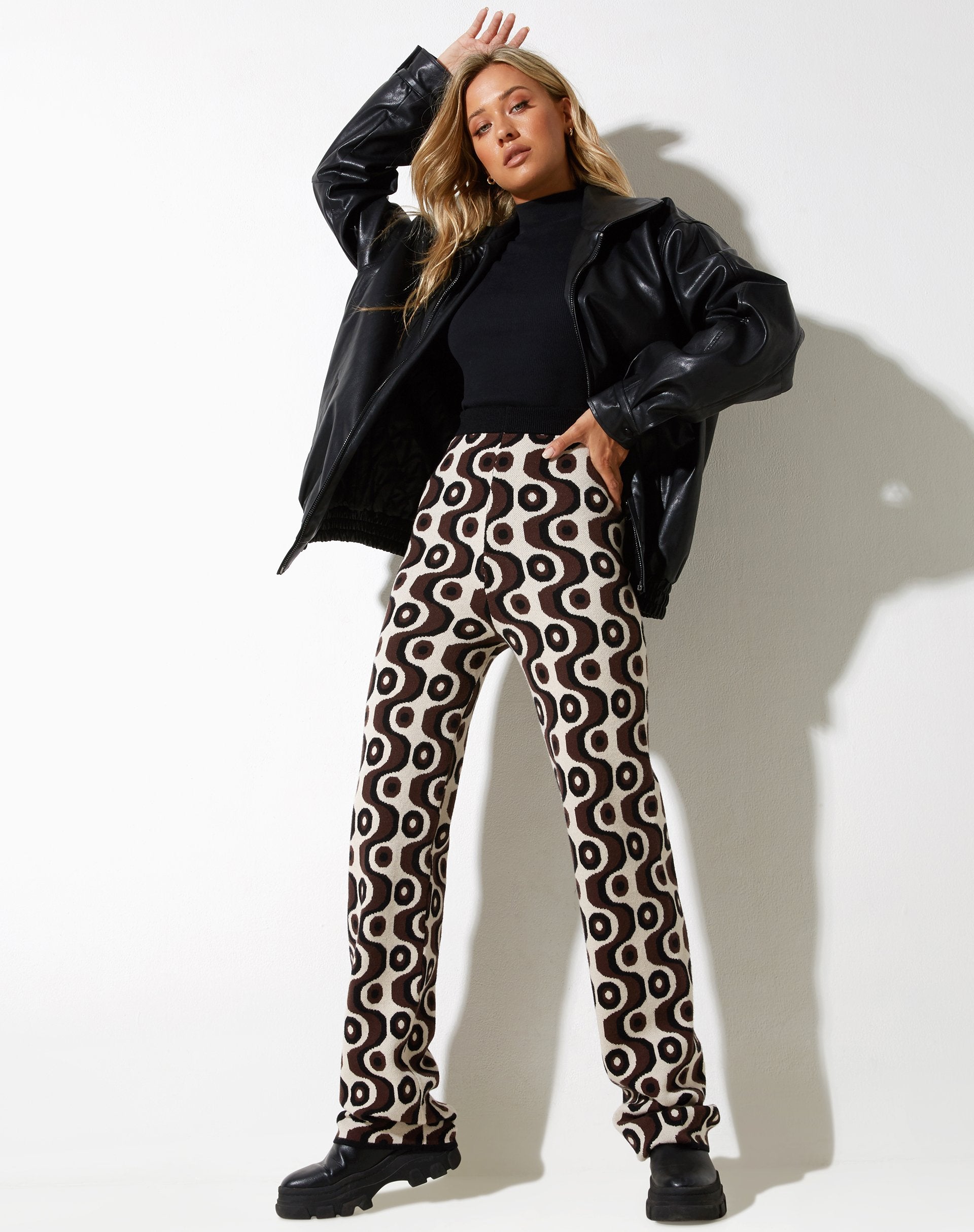 Image of Sheba Wide Leg Trouser in Wavy Geo Ivory Brown and Blackv