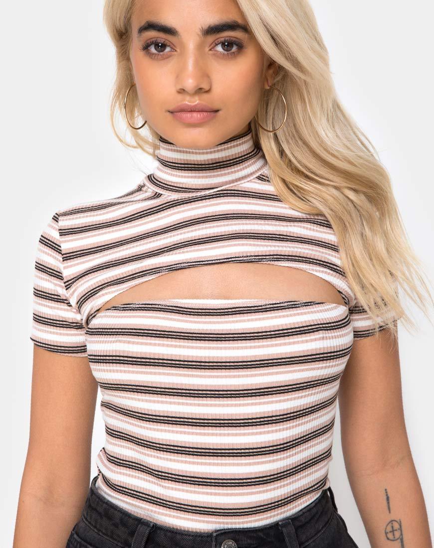 Image of Shidi Cutout Bodice in Rib Stripe Cream Black and Tan