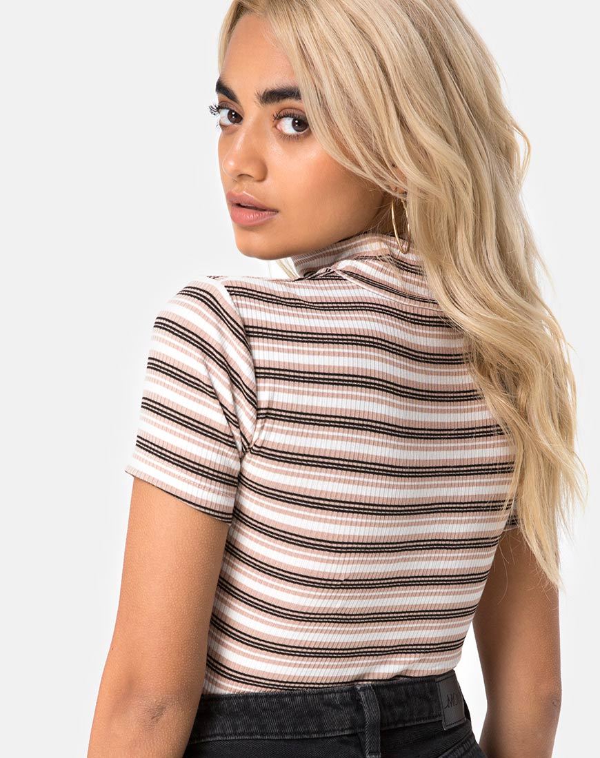 Image of Shidi Cutout Bodice in Rib Stripe Cream Black and Tan