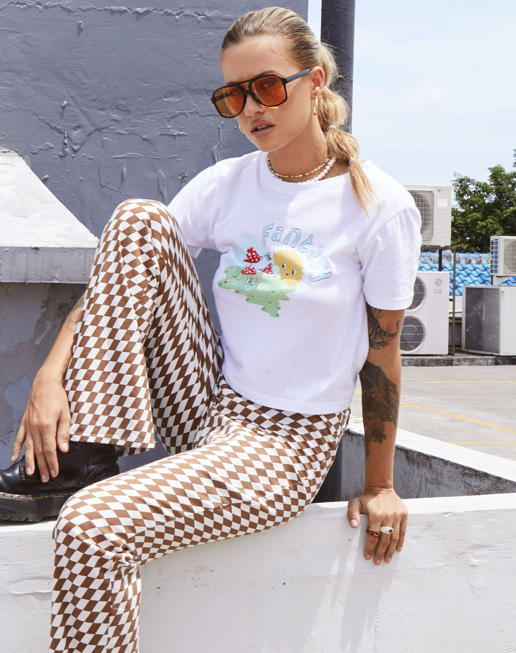 Pantalon évasé Zoven à carreaux diagonaux Tan et Ivory