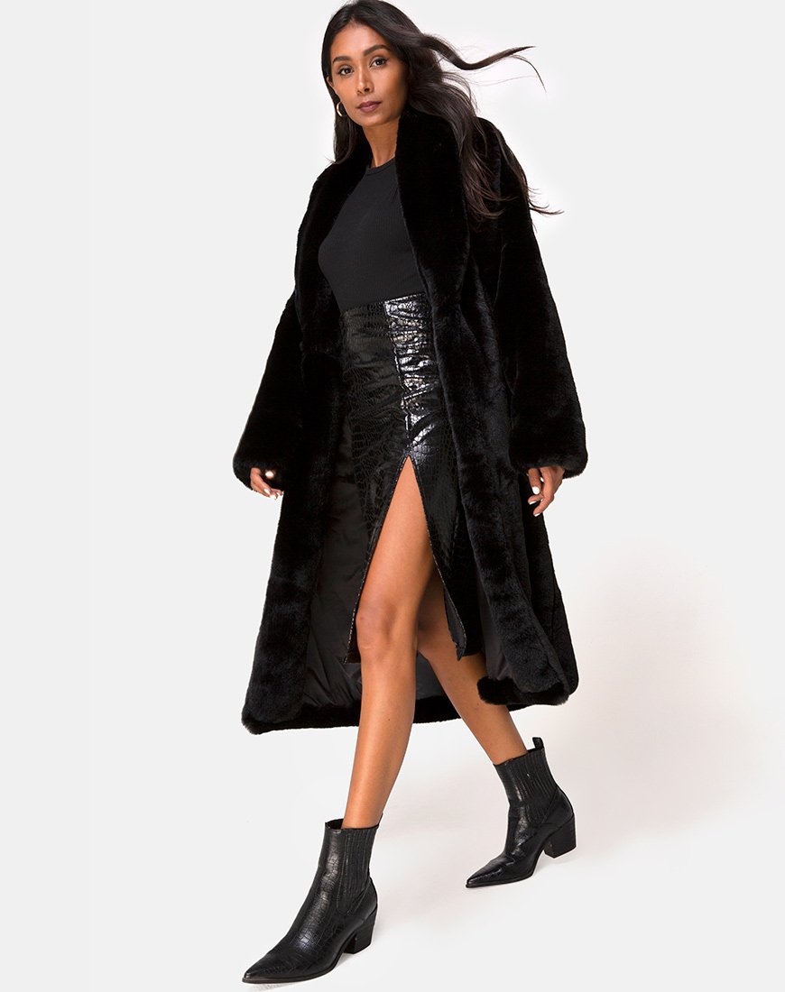 Image de la jupe midi Sika en PU Croco Noir