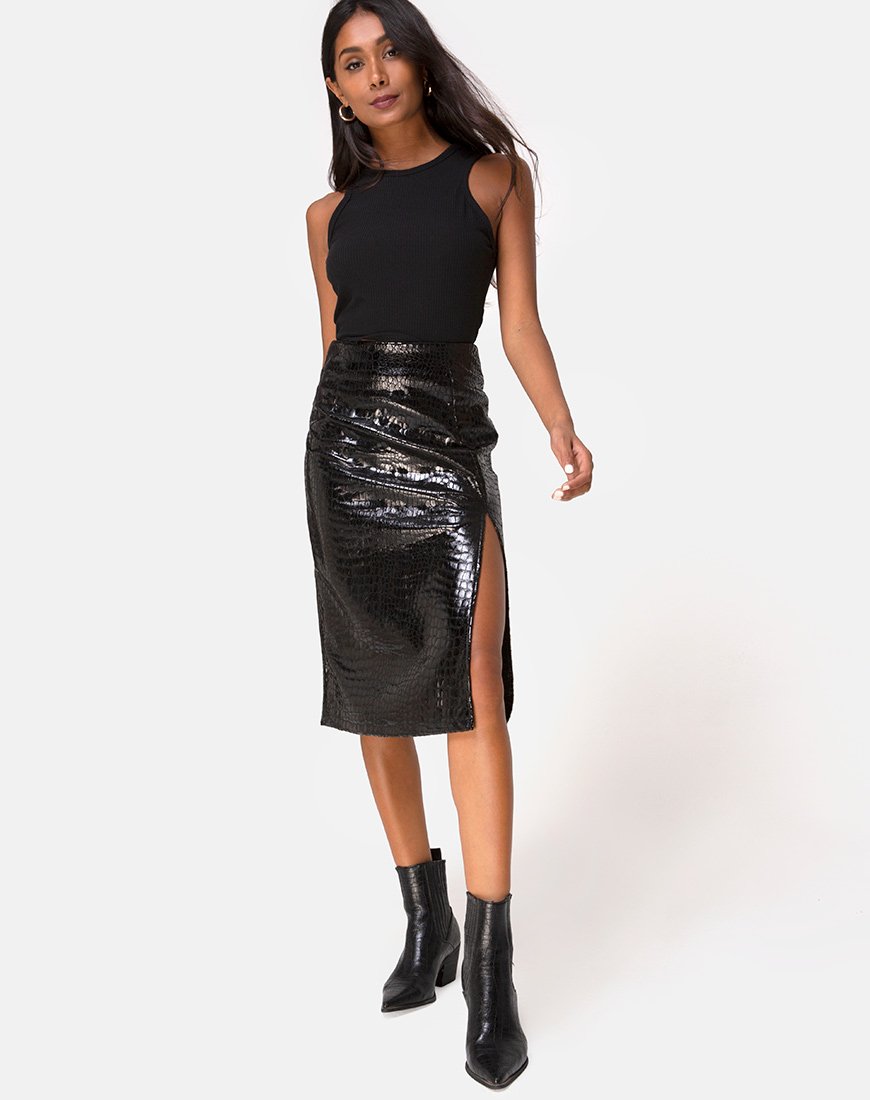 Jupe midi Sika en PU Croco noir