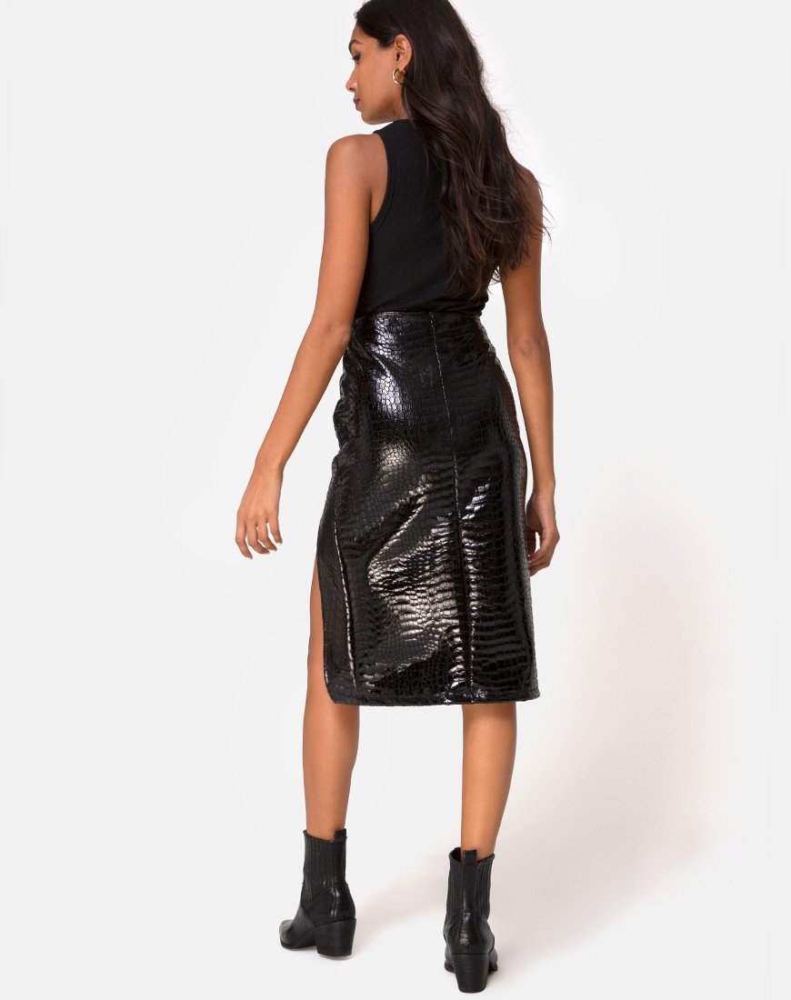 Image de la jupe midi Sika en PU Croco Noir