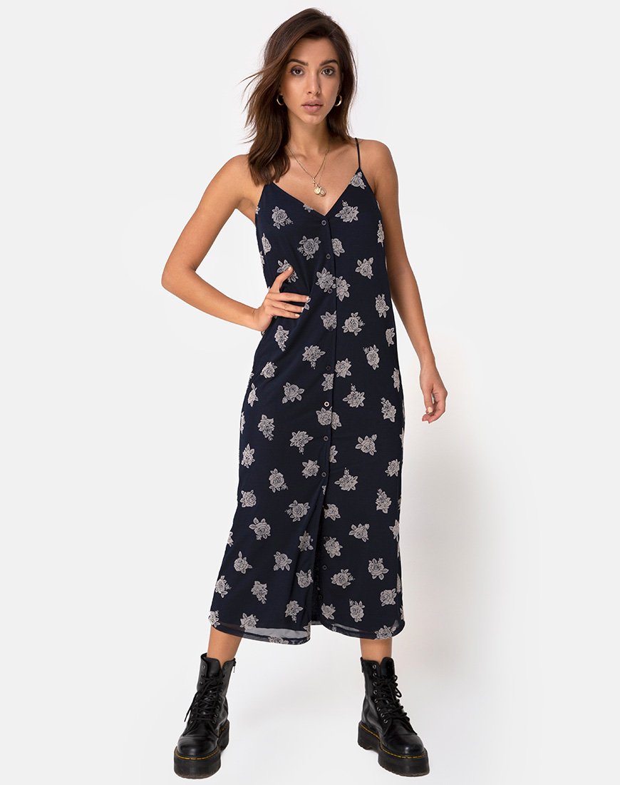 Image de Sini Slip Midi Dress in Rose Flock Black Mesh