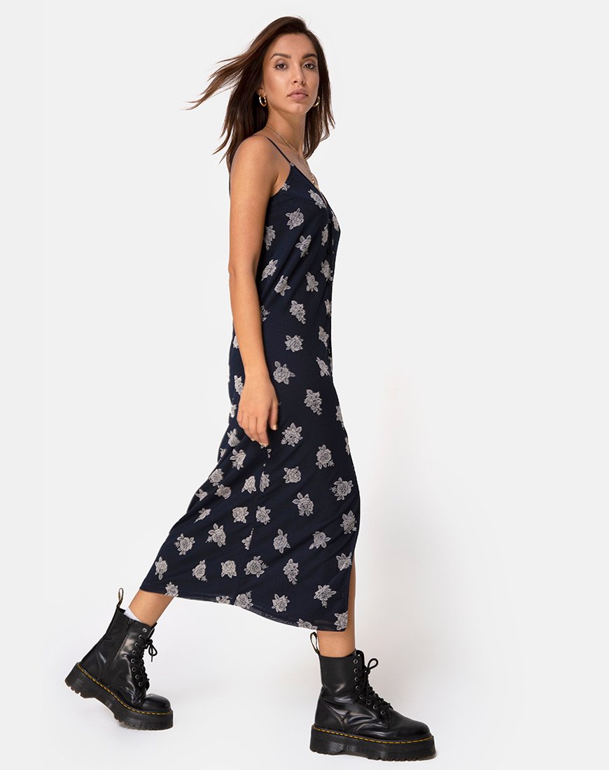 Image de Sini Slip Midi Dress in Rose Flock Black Mesh