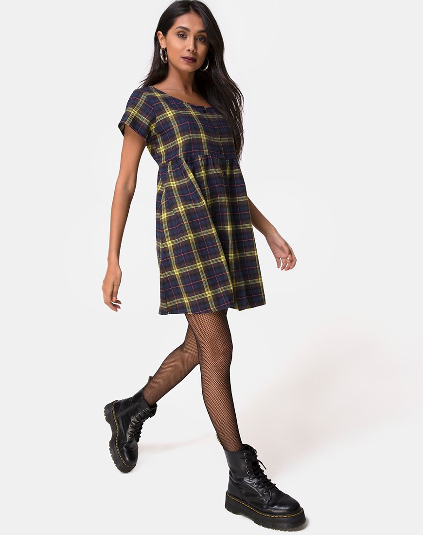 Image of Skibbie Dress In Plain Brown Yellow Check