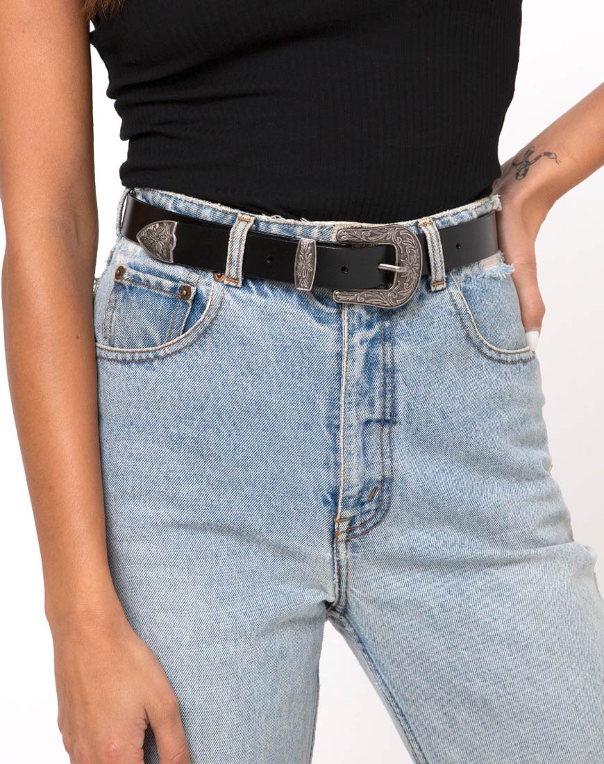 Ceinture western vintage noire avec boucle argentée