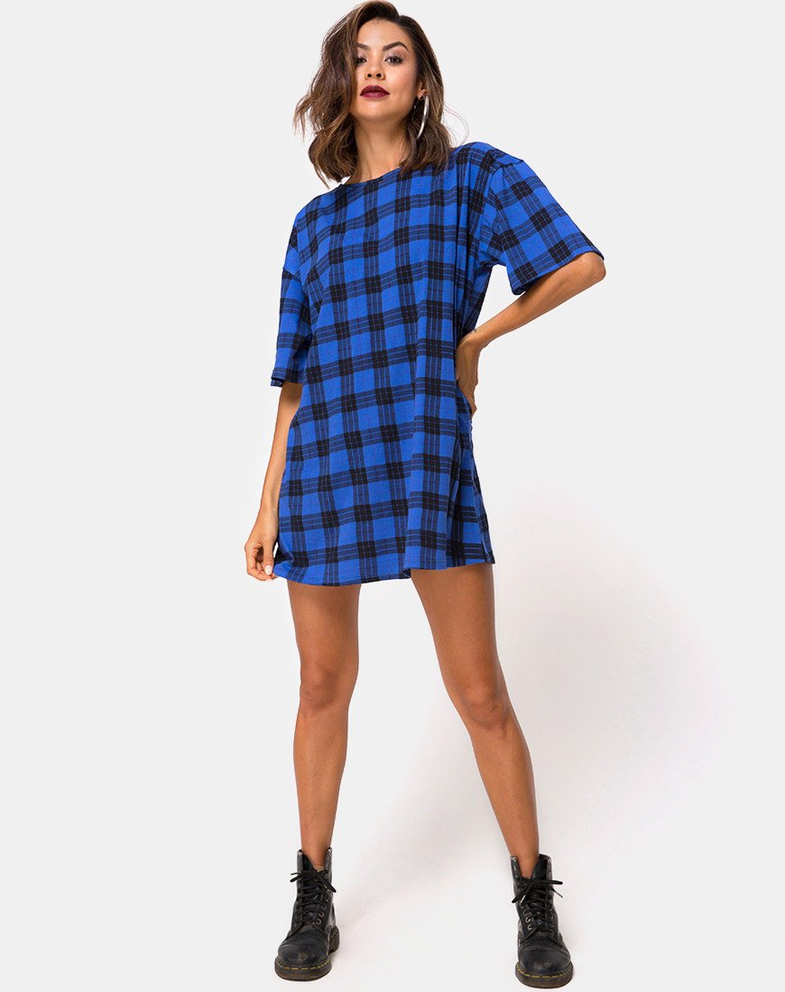 Image de Sunny Kiss T Shirt Dress in Tartan Blue
