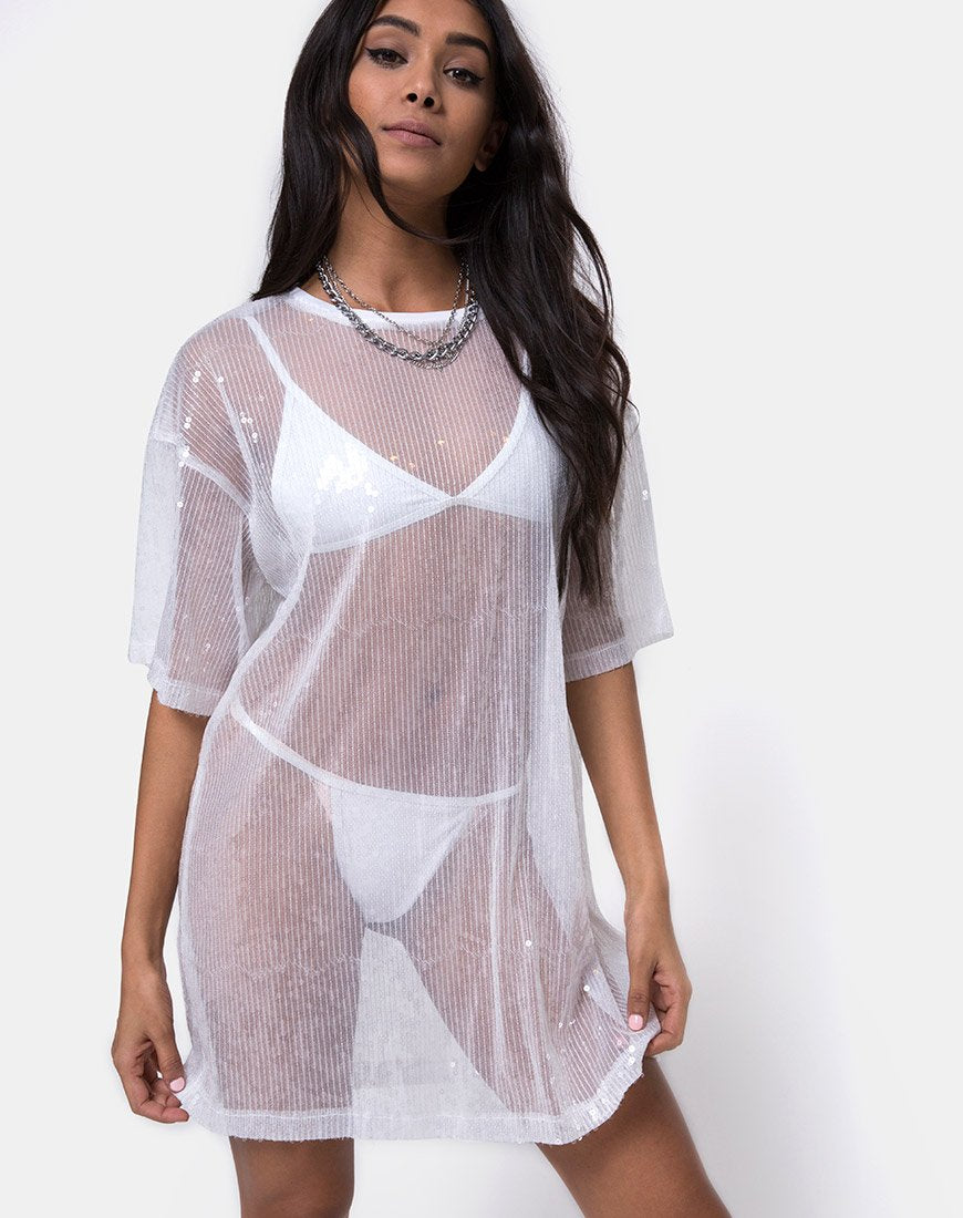 T-shirt Sunny Kiss en paillettes transparentes blanches et claires