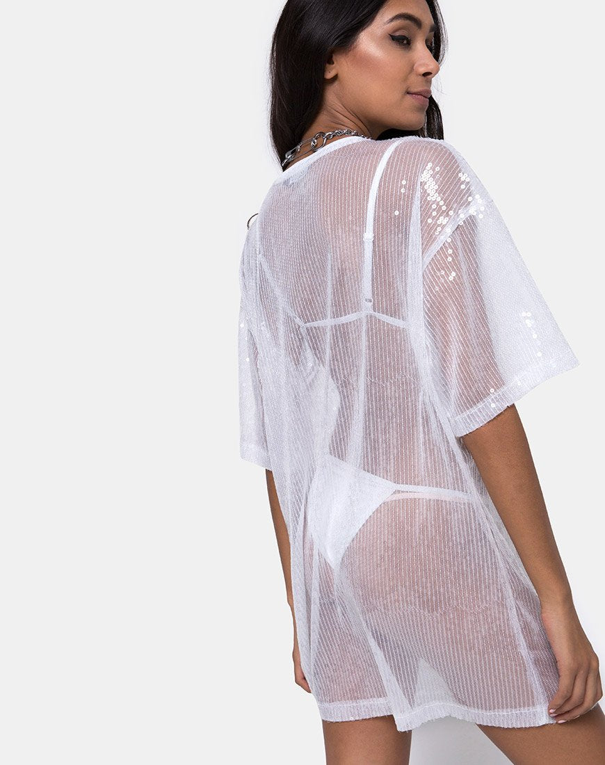 T-shirt Sunny Kiss en paillettes transparentes blanches et claires
