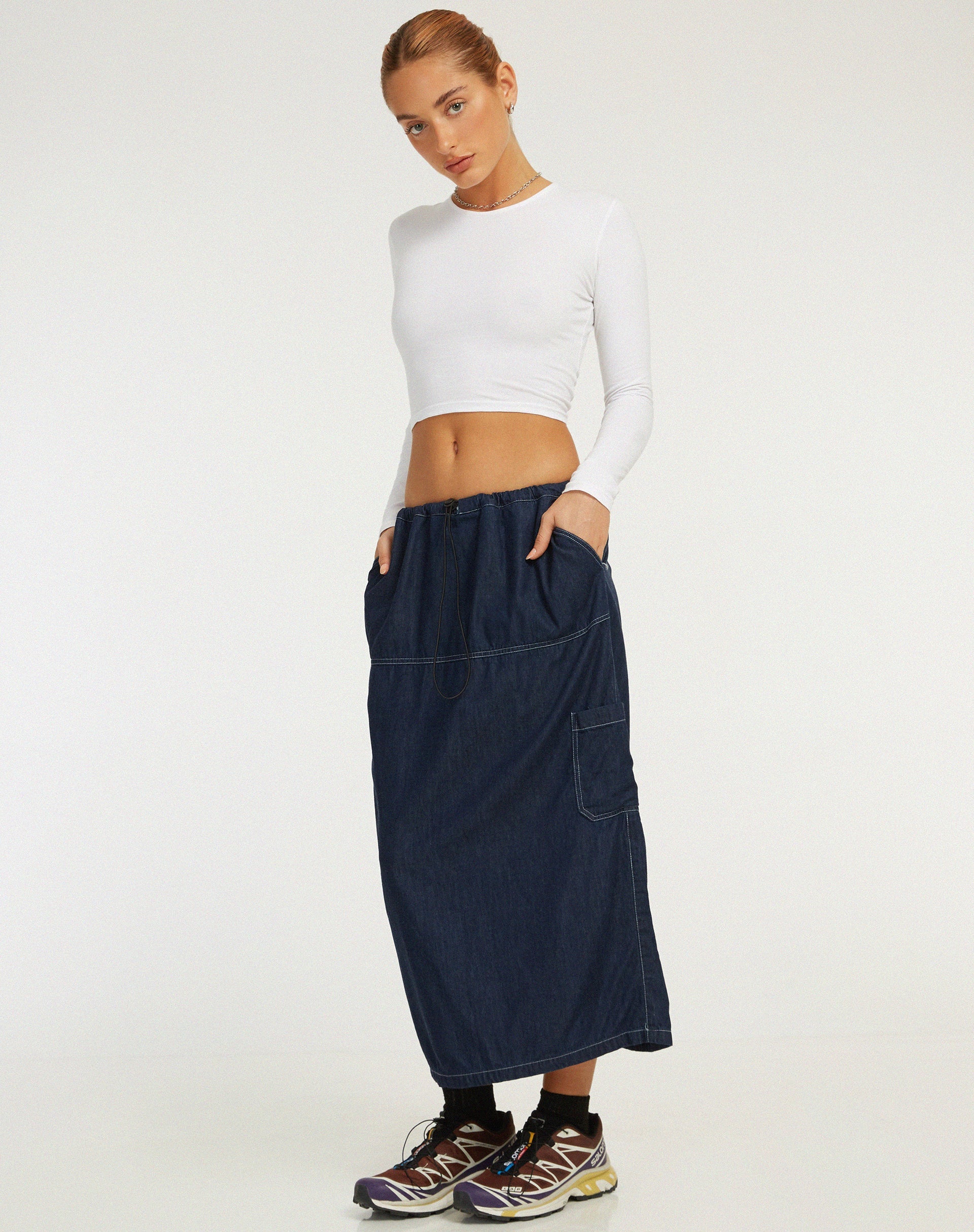 image de Jupe midi Swari en Denim Chambray foncé