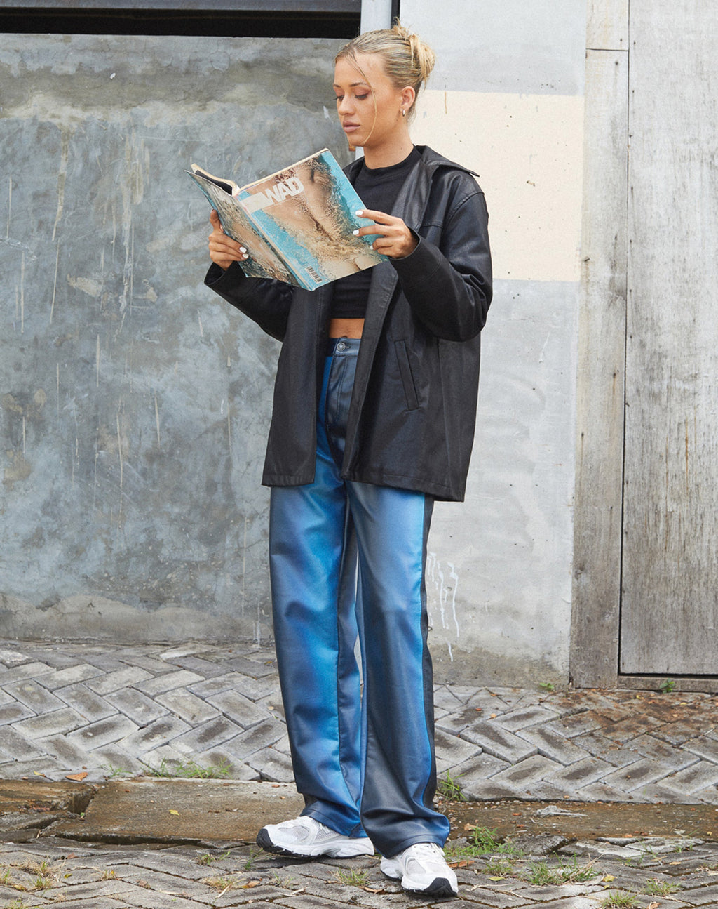 Pantalon Parallel en PU Bleu Ombre