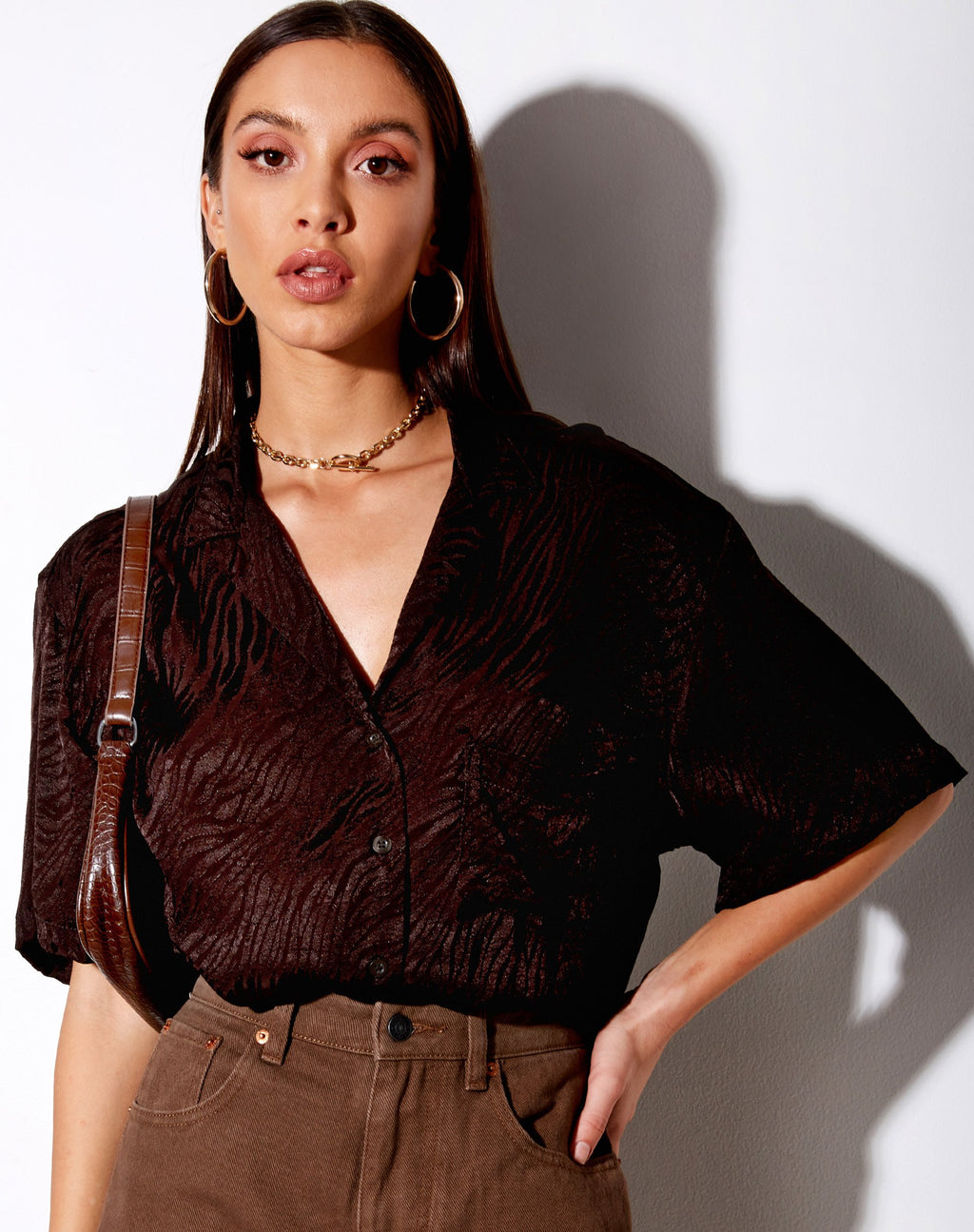 Chemise Taelsa, satin zébré, chocolat amer