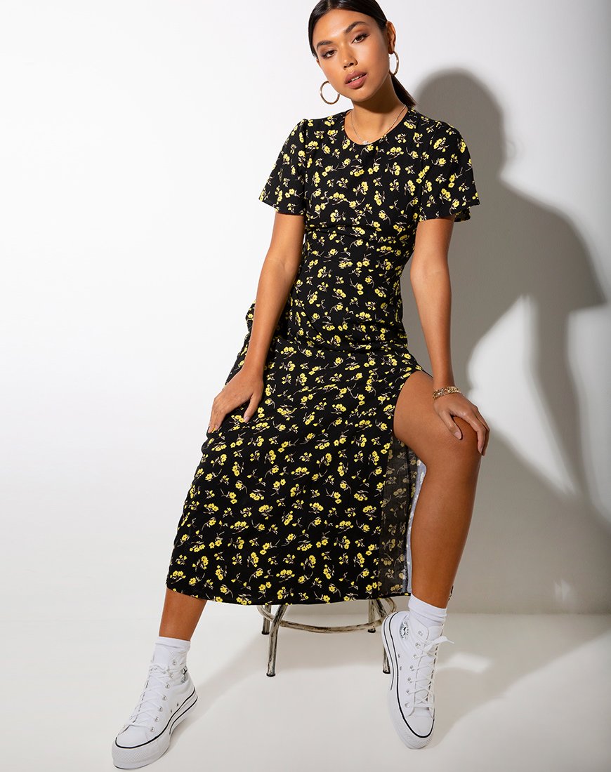 Robe longue Tinata en bouton d'or noir et jaune