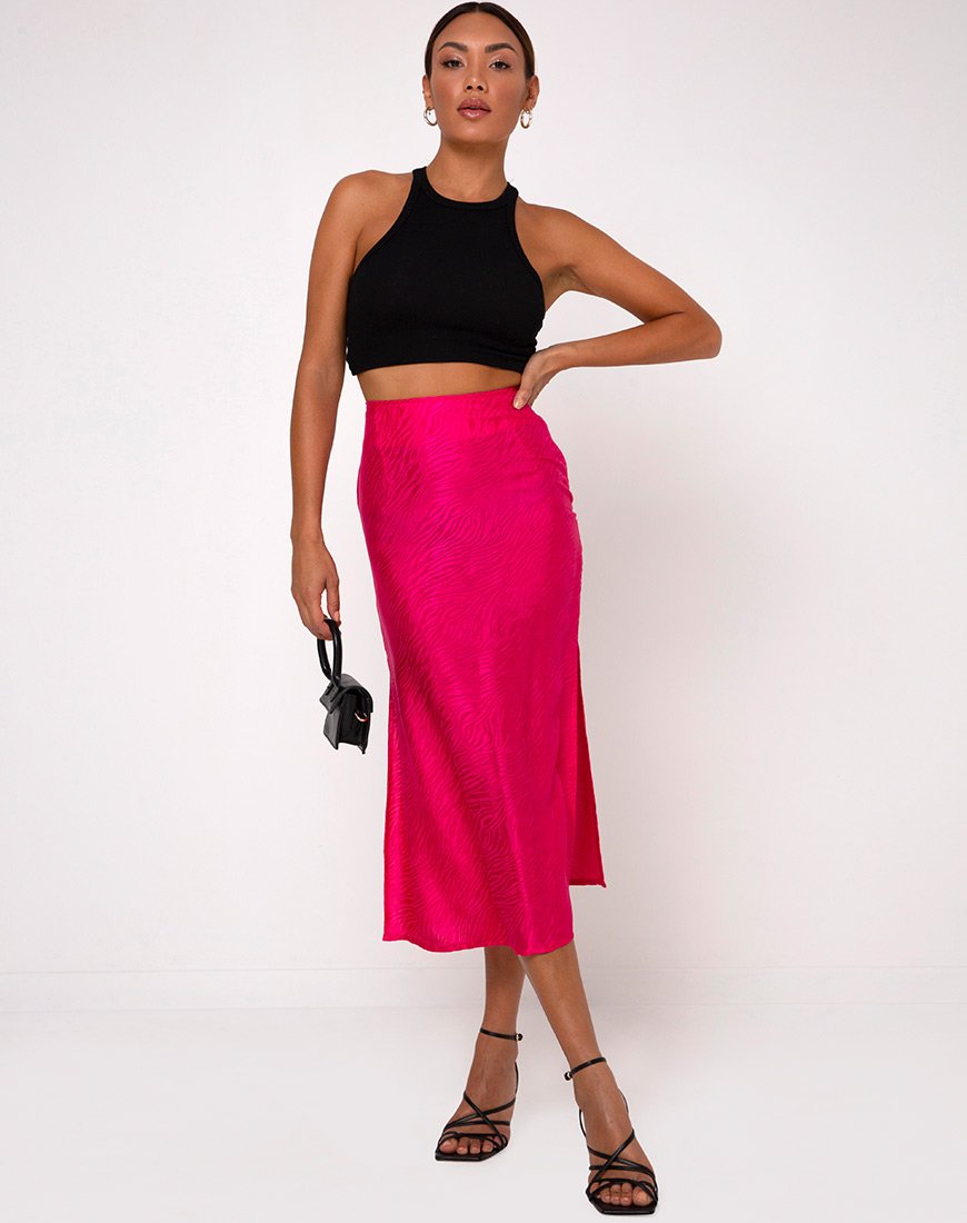 Image de la jupe midi Tindra en satin zébré Fuchsia
