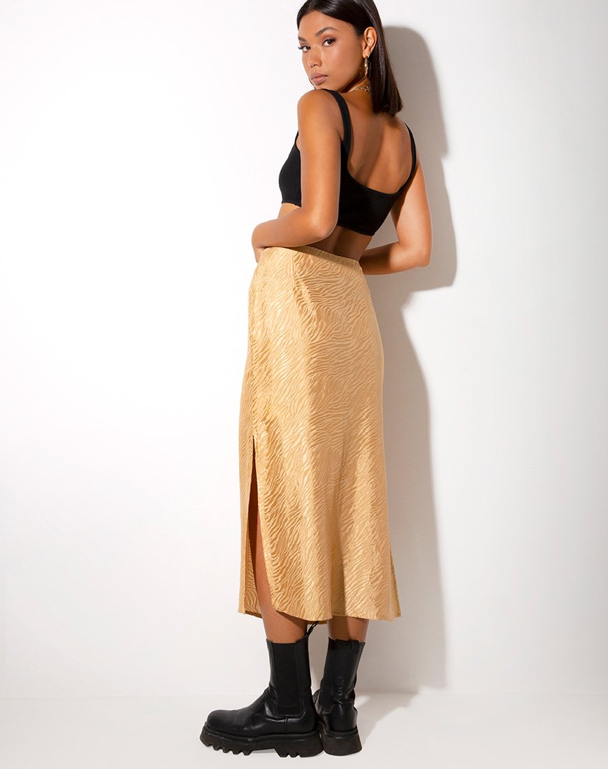 Jupe midi Tindra en satin zébré caramel