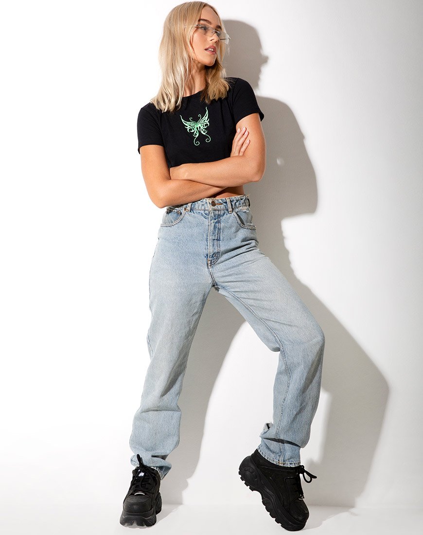 Image of Tindy Crop Top in Black with Butterfly Green Embro