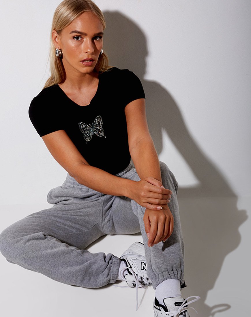 Tiney Crop Tee en noir Butterfly Hotfix