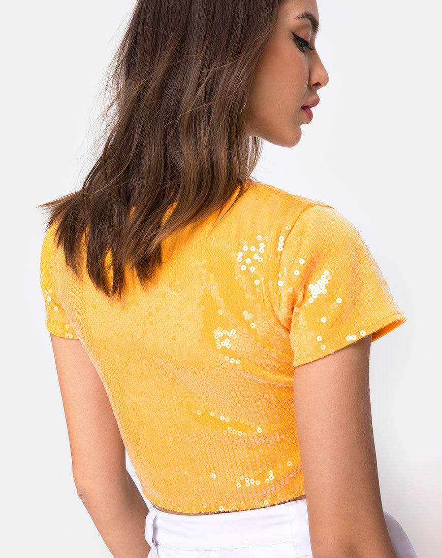 Tindy Crop Top in Tangerine with Clear Sequin (Top court Tindy en mandarine avec paillettes transparentes)