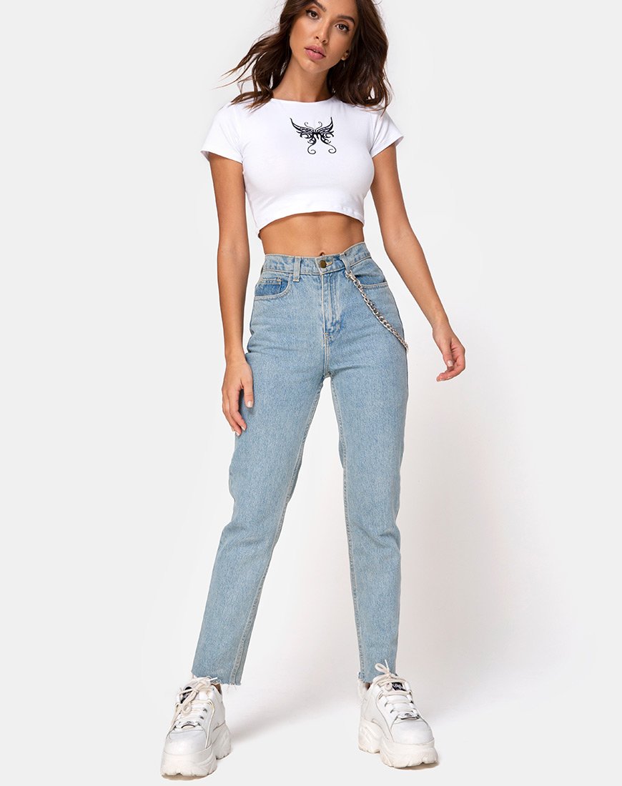 Image of Tindy Top in White w/ Black Butterfly Embro