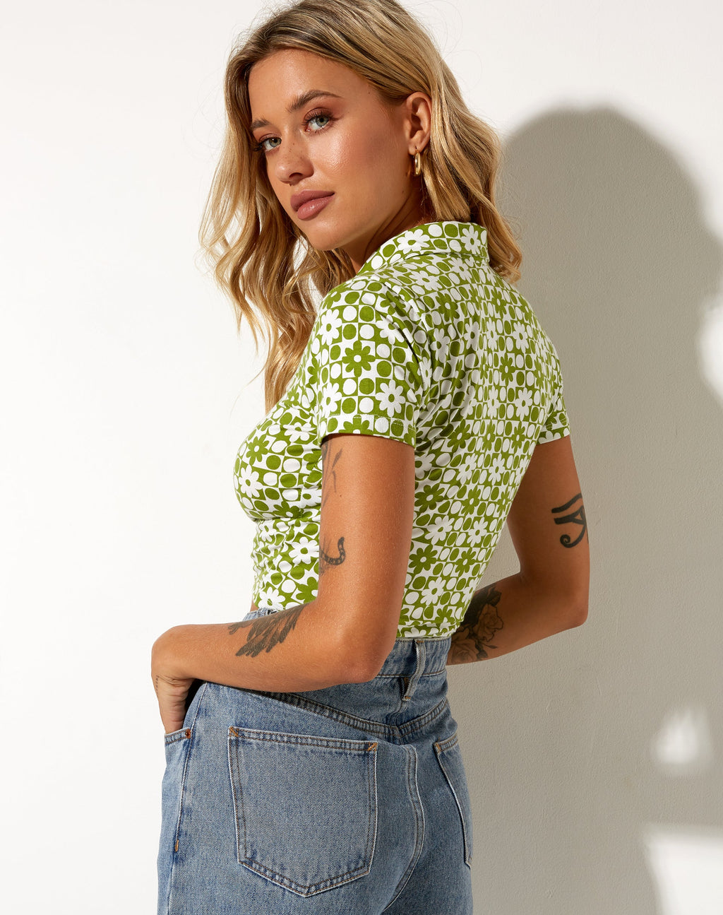 Wuma Cropped Shirt, Patchwork Daisy Green